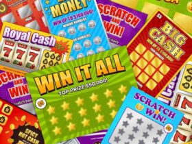 Színes kaparós sorsjegyek gyűjteménye, különböző nyereményígéretekkel.