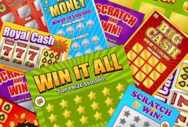 Színes kaparós sorsjegyek gyűjteménye, különböző nyereményígéretekkel.