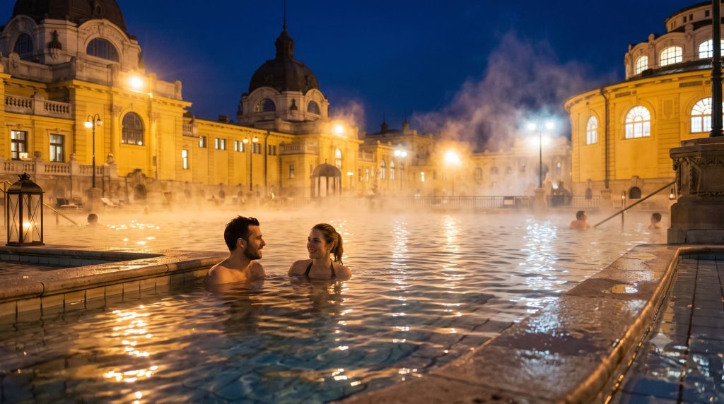 Pár egy kivilágított budapesti termálfürdő gőzölgő medencéjében este