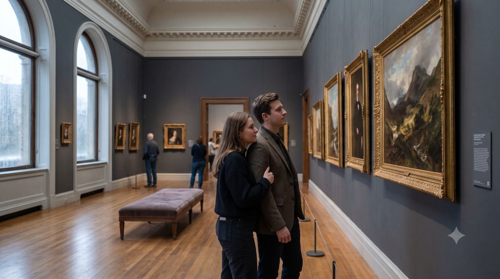 Pár együtt néz festményeket egy budapesti múzeumban esős napon