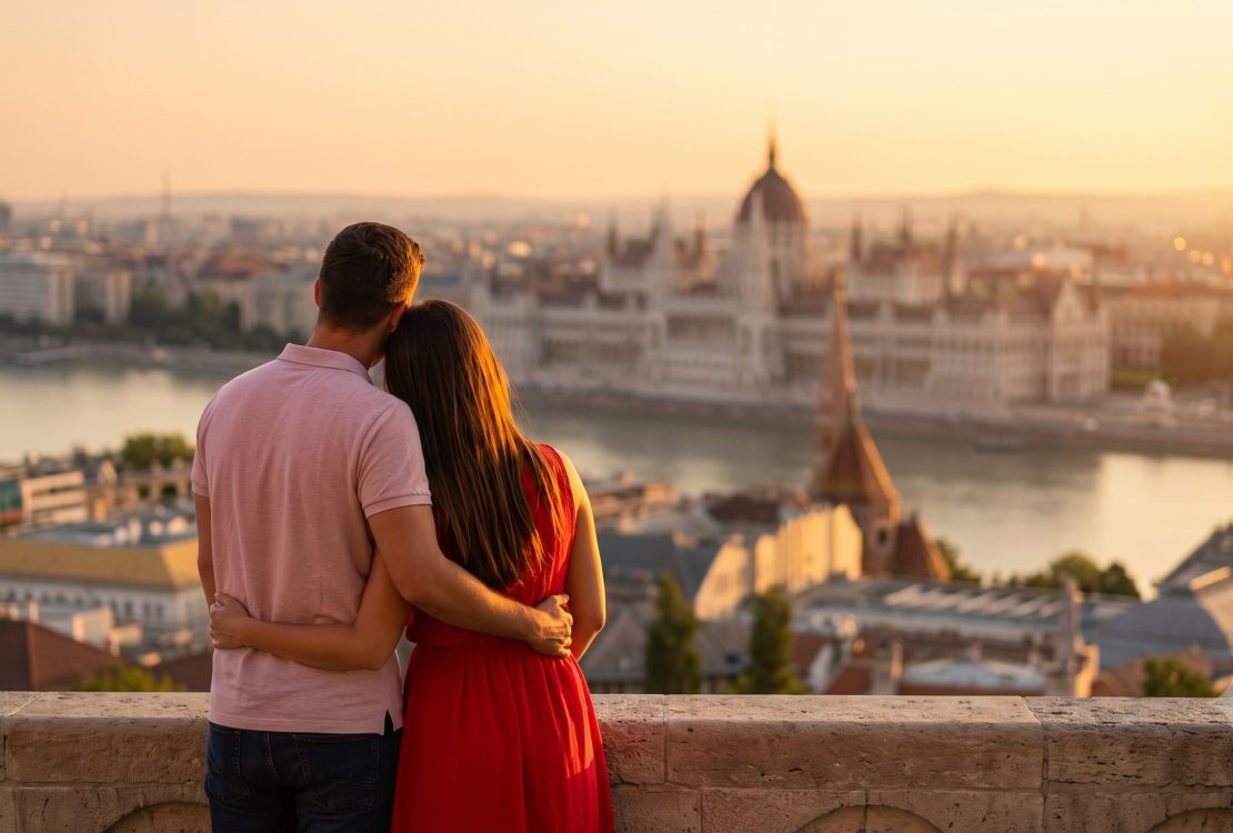 Romantikus pár Budapest panorámáját nézi naplementekor a Halászbástyánál