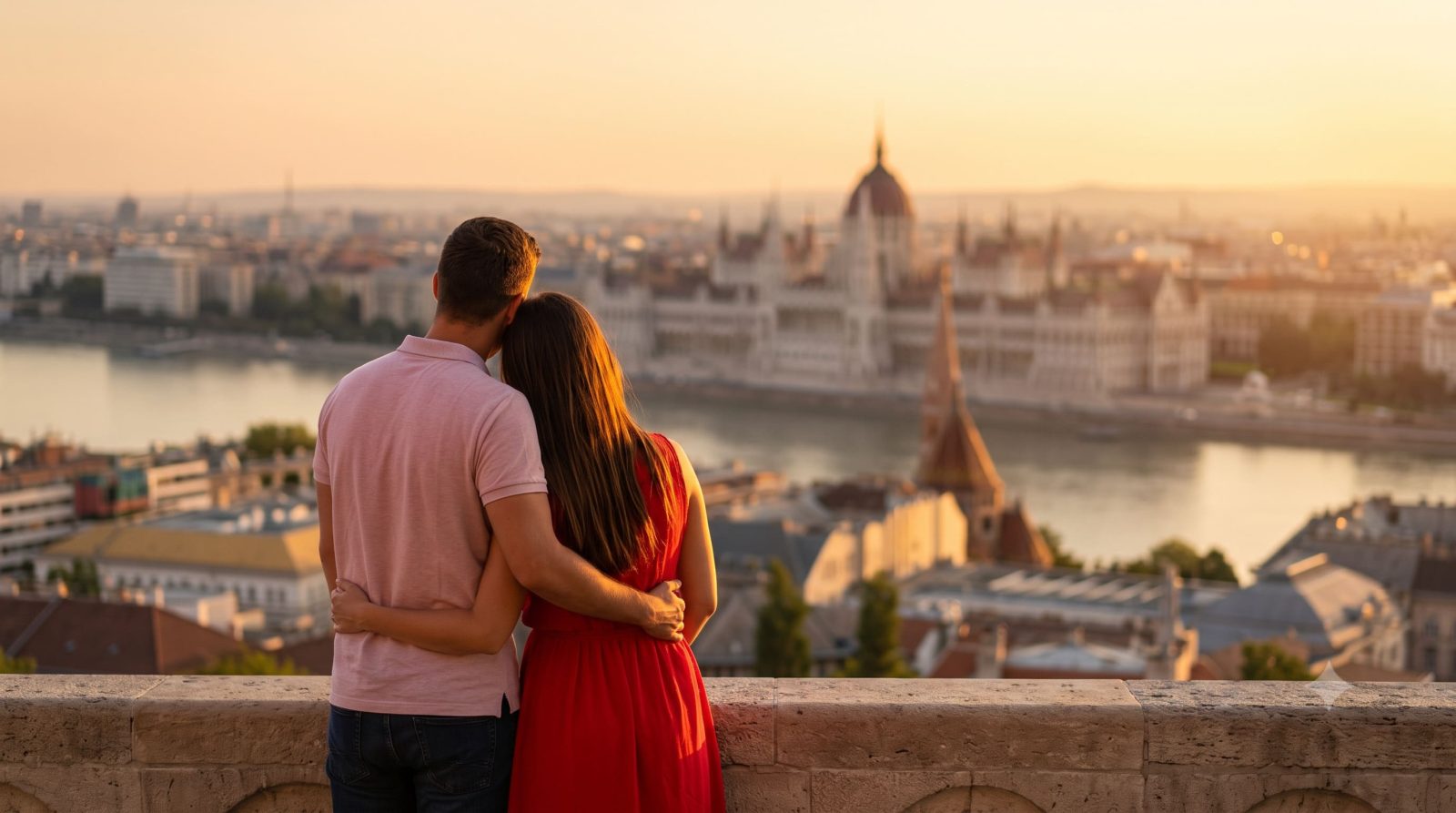 Romantikus pár Budapest panorámáját nézi naplementekor a Halászbástyánál