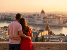 Romantikus pár Budapest panorámáját nézi naplementekor a Halászbástyánál