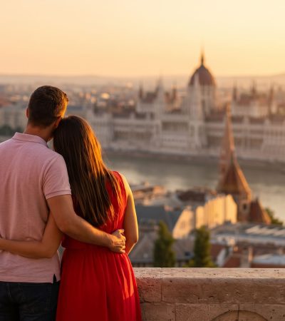 Romantikus pár Budapest panorámáját nézi naplementekor a Halászbástyánál