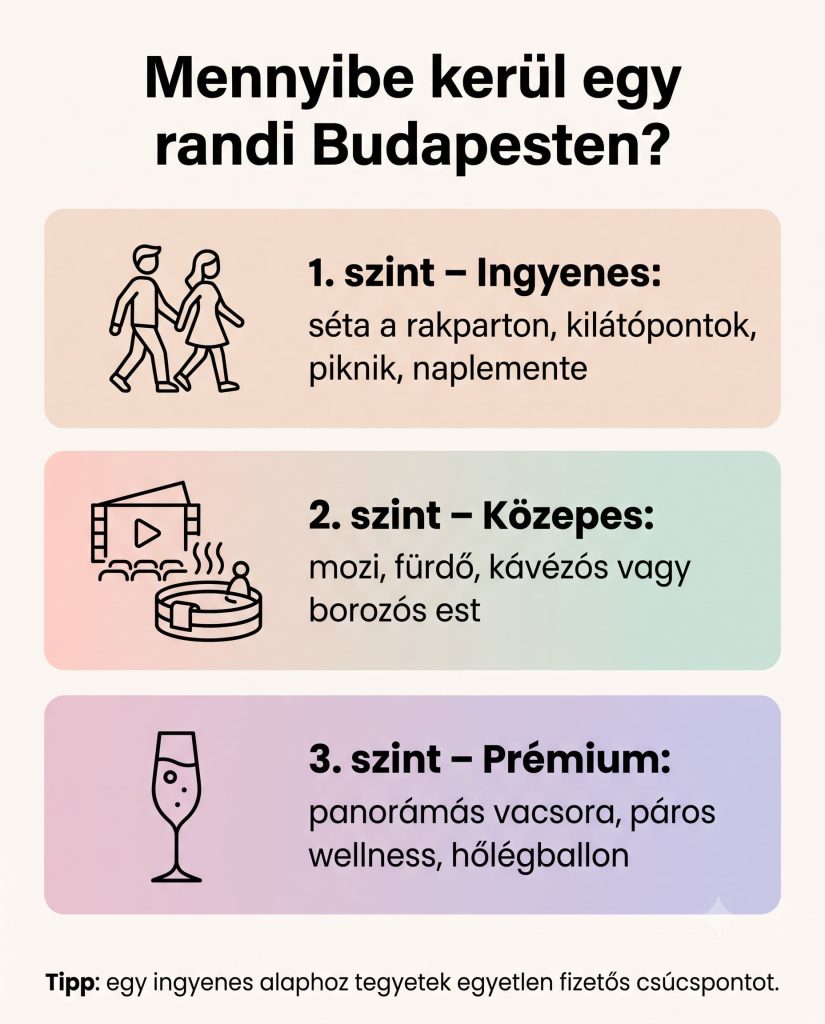 Infografika a budapesti randiprogramok költségszintjeiről ingyenestől a prémiumig