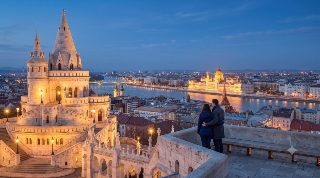Kivilágított budapesti panoráma a Halászbástyáról esti fényben